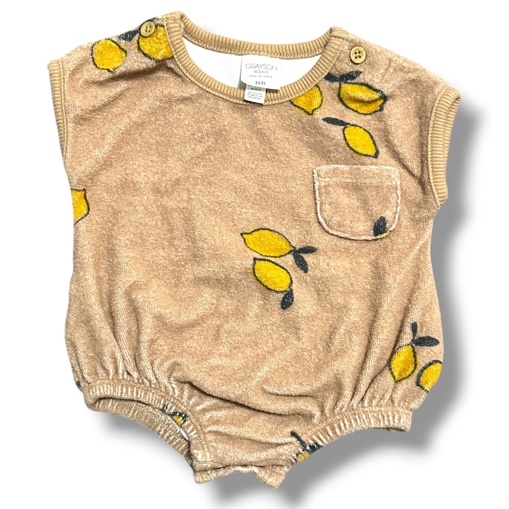 Grayson Mini Newborn Lemon Print Terry Cloth Bubble Romper Brown NB Summer Play